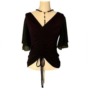 Y2K DARK FAIRY RUCHED DRAWSTRING BLACK WHIMSIGOTH TOP SHEER SLEEVES GOTH GRUNGE